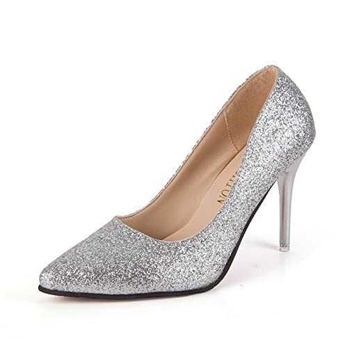 jonam High Heels Women Wedding Shoes Silver Gold Dress Shoes Pointed Toe Thin Heels Woman Sequined Cloth High Heels Glitter Pumps Boat Shoes(Color:Silver,Size:37 EU) von jonam