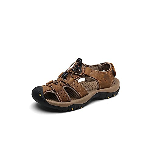 jonam Sandalen Herren Echtes Leder Männer Schuhe Sommer Große Größe Männer Sandalen Männer Sandalen Mode Sandalen Hausschuhe Große Größe(Color:Bruin,Size:46) von jonam