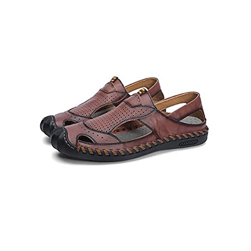 jonam Sandalen Herren Herrenschuhe Sommer Fahren Sandalen Lässig Allgleiches Große Größe Atmungsaktive Hohl Leder Schuhe Leder Hausschuhe ein Pedal faul(Color:Bruin,Size:43 EU) von jonam