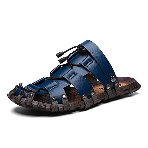 jonam Sandalen Herren Männer Flache Sandalen Schwarz Braun Retro Strand Freizeit Sandalen öffnen Zehe-Woven-Leder-Sandalen weiblichen Sommer Schuhe in Übergrößen(Color:Blue,Size:42 EU) von jonam