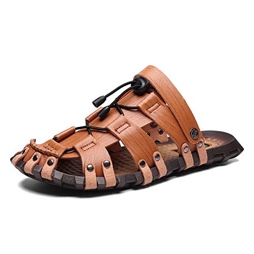 jonam Sandalen Herren Männer Flache Sandalen Schwarz Braun Retro Strand Freizeit Sandalen öffnen Zehe-Woven-Leder-Sandalen weiblichen Sommer Schuhe in Übergrößen(Color:Bruin,Size:43 EU) von jonam