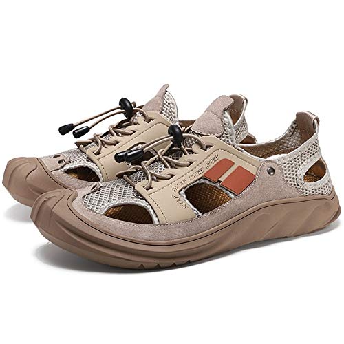 jonam Sandalen Herren Sommer Herren Freizeitschuhe Sandale echtes Leder weiche bequeme Lace-up Anti-Rutsch-Wear-resisting Wandern Sandalen(Color:Beige,Size:42 EU) von jonam