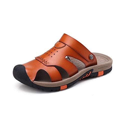 jonam Sandalen Herren Sommer Sandalen for Herren Strand Pantoffeln Schnalle echtes Leder Außen beiläufige Tätigkeiten Wandern Anti-Kollisions Round Conclude Oxford Toe Schuhe Männer (Farbe: Dunkelbrau von jonam