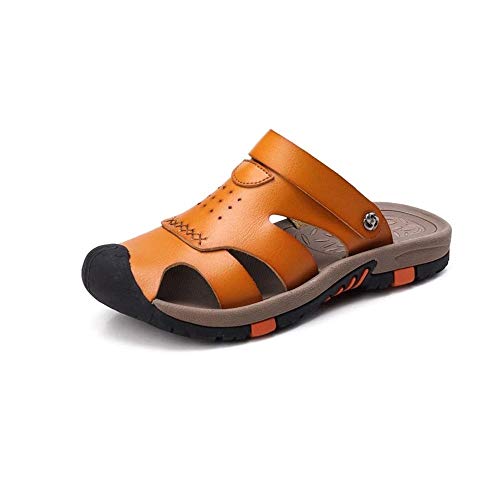 jonam Sandalen Herren Sommer Sandalen for Herren Strand Pantoffeln Schnalle echtes Leder Außen beiläufige Tätigkeiten Wandern Anti-Kollisions Round Conclude Oxford Toe Schuhe Männer (Farbe: Dunkelbrau von jonam