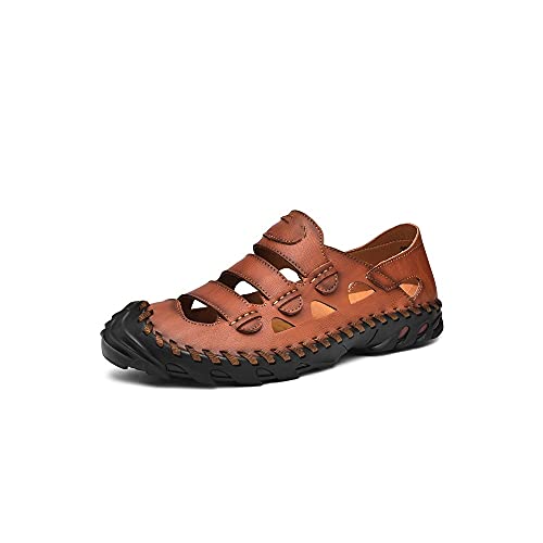 jonam Sandalen Herren Sommer männer sandalen echtes leder rutschfeste männer outdoor casual schuhe handgefertigte atmungsaktive männer sandalen strand schuhe plus größe(Color:Bruin,Size:43 EU) von jonam