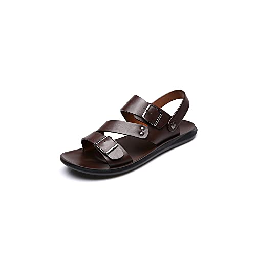 jonam Sandalen Herren Sommer männer sandalen pu leder bequem casual barfuß sandalen männliche schuhe nähen solide schnalle richtung plus größe strandschuhe(Color:Bruin,Size:39 EU) von jonam