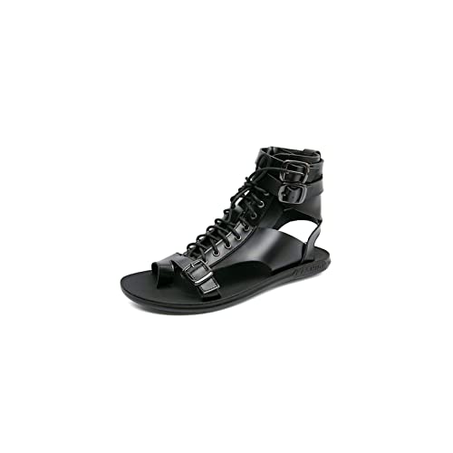 jonam Sandalen Herren Summer New Men's Fashion High Top Sandals Versatile Men's Roman Sandals Leather Casual Lace-Up Buckle Sandals Men's Shoes(Color:Black,Size:43 EU) von jonam