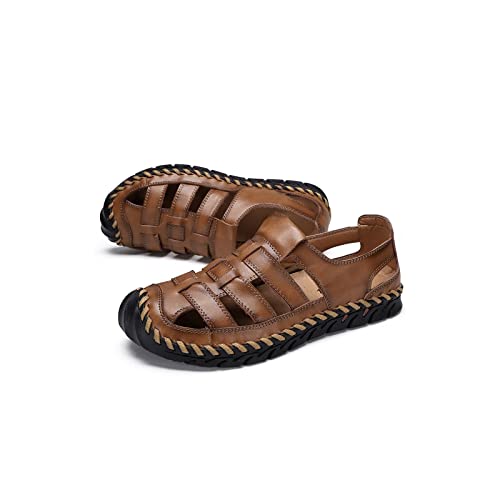 jonam Sandalen Herren Summer Shoes Men's Classic Leather Men's Sandals Breathable Beach Flat Casual Sandals Outdoor Casual Shoes(Color:Dark Brown,Size:47) von jonam