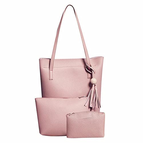 jonam Umhängetasche 3 teile/satz Solide Farbe Quaste Composite-Taschen Schulter Crossbody Handtaschen Kupplung Pu. Leder Frauen Top-Griff Totes Geldbörse (Color : Pink) von jonam