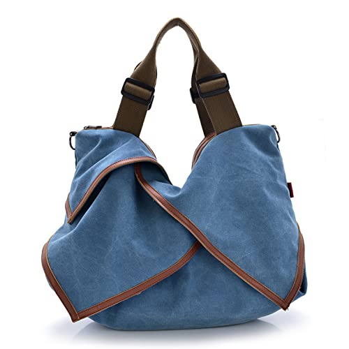 jonam Umhängetasche Canvas Tote Crossbody Umhängetaschen, Mädchen große Messenger-Reisetaschen, Rindsleder-Frauen-Segeltuch-Tasche, Single-Schulter-Frauen-Tasche (Color : Blue) von jonam