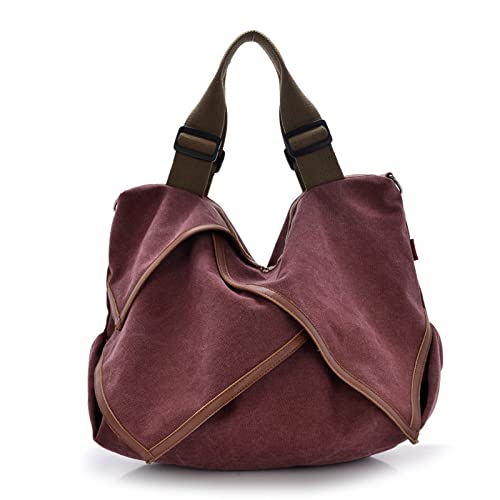 jonam Umhängetasche Canvas Tote Crossbody Umhängetaschen, Mädchen große Messenger-Reisetaschen, Rindsleder-Frauen-Segeltuch-Tasche, Single-Schulter-Frauen-Tasche (Color : Wine red) von jonam