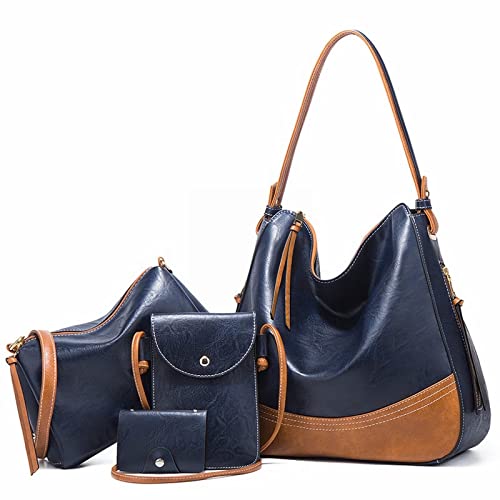 jonam Umhängetasche Elegante weibliche Handtasche 4 Sets Hobo Bag for Frauen Mode Quaste Große Umhängetasche Öl Wachs Leder Damen Geldbörse (Color : Blue) von jonam