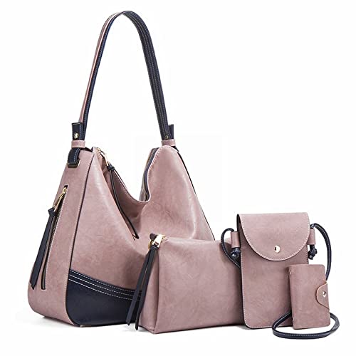 jonam Umhängetasche Elegante weibliche Handtasche 4 Sets Hobo Bag for Frauen Mode Quaste Große Umhängetasche Öl Wachs Leder Damen Geldbörse (Color : Pink) von jonam