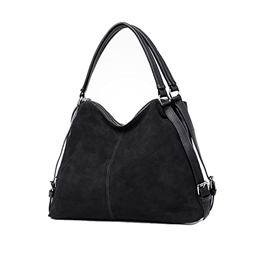 jonam Umhängetasche Frauen echte Wildleder Leder Hobo Tasche, weibliche Freizeit Große Umhängetaschen, Shopping Casual Handtasche (Color : Black) von jonam