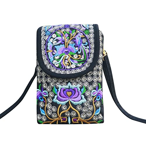 jonam Umhängetasche Lady Cell Phone Bag Crossbody Shoulder Wallet Purse Handbag Pouch Ethnic Style Embroidered Bag Flip Canvas Bag Retro mall (Color : Purple) von jonam