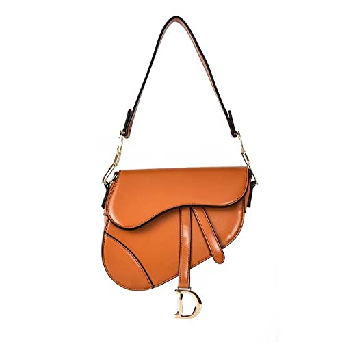 jonam Umhängetasche PU Leather Saddle BagFemale Shoulder Bag Wide Strap Messenger Cross Body Handbag Purse For Women (Color : Orange, Size : 19 x 22 x 5.5 cm) von jonam