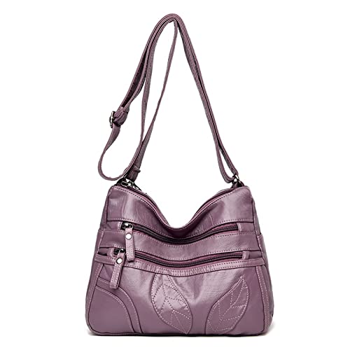 jonam Umhängetasche PU-Leder-Schultertaschen, Blütenblattmuster Messenger Bag, genähtes weiches Leder mehrschichtiger Großkapazität gewaschener Leder-Diagonal-Tasche (Color : Purple) von jonam