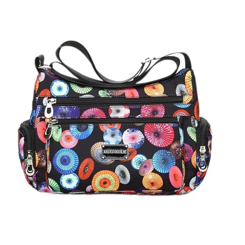 jonam Umhängetasche Printed Shoulder Bag, High Quality Durable Nylon Shoulder Bag, Flower Pattern, Multiple Pockets (Color : Black) von jonam