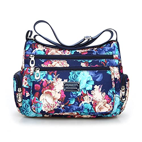 jonam Umhängetasche Printed Shoulder Bag, High Quality Durable Nylon Shoulder Bag, Flower Pattern, Multiple Pockets (Color : Blue) von jonam
