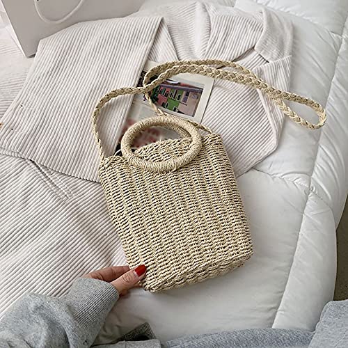 jonam Umhängetasche Runde Griff Stroh Rattan Crossbody Bag für Frauen Sommer Solide Farbe Handtaschen Weibliche Reise (Color : Beige) von jonam