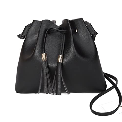 jonam Umhängetasche String Bucket Bag For Women PU Leather Small Handbag Female Tassel Purse Shoulder Crossbody Sac Bag (Color : Black) von jonam