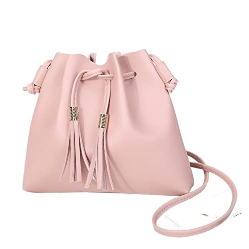 jonam Umhängetasche String Bucket Bag For Women PU Leather Small Handbag Female Tassel Purse Shoulder Crossbody Sac Bag (Color : Pink) von jonam