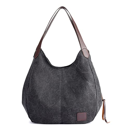 jonam Umhängetasche Vintage Canvas Handtasche Frauen Große Kapazität Umhängetasche, Casual Griff Tasche, Lady Shopping Handtasche (Color : Black) von jonam