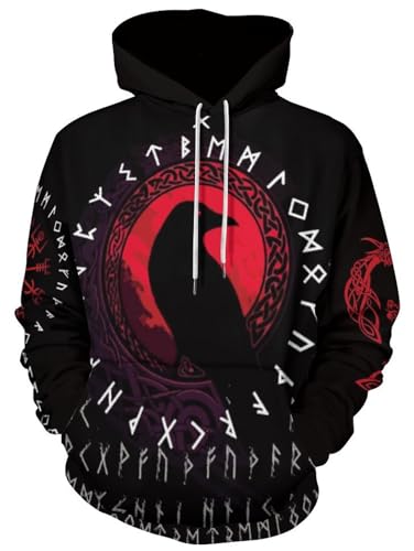 JooMeryer Herren Wikinger Totem 3D-Druck Langarm Hoodies Pullover Sweatshirt, Red Raven Runen, 5X-Large von joo meryer