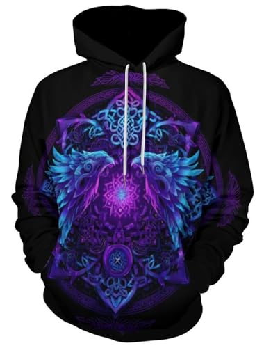 JooMeryer Herren Wikinger Totem 3D-Druck Langarm Hoodies Pullover Sweatshirt, Violette schwarze Wikinger-Runen, Large von joo meryer