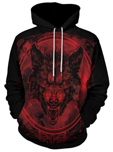 JooMeryer Herren Wikinger Totem 3D-Druck Langarm Hoodies Pullover Sweatshirt, Z - Red Viking Wolf, Small von joo meryer