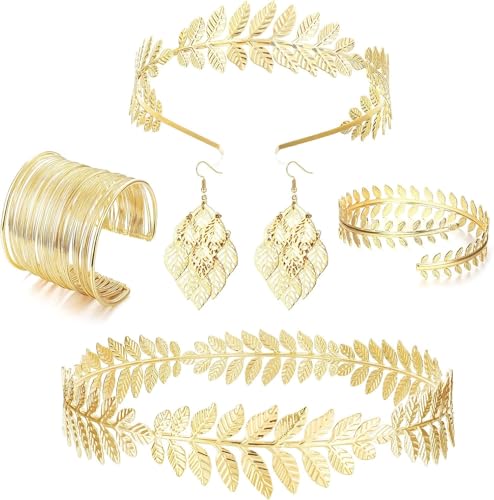 joonnair 5 STÜCKE Griechische Göttin Kostüm Set für Frauen: Kopfschmuck, Schmuck, Römische Göttin Haarreif Modeschmuck Set mit Blätter-Design, Lorbeerkranz für Braut Kostüm Hochzeit von joonnair
