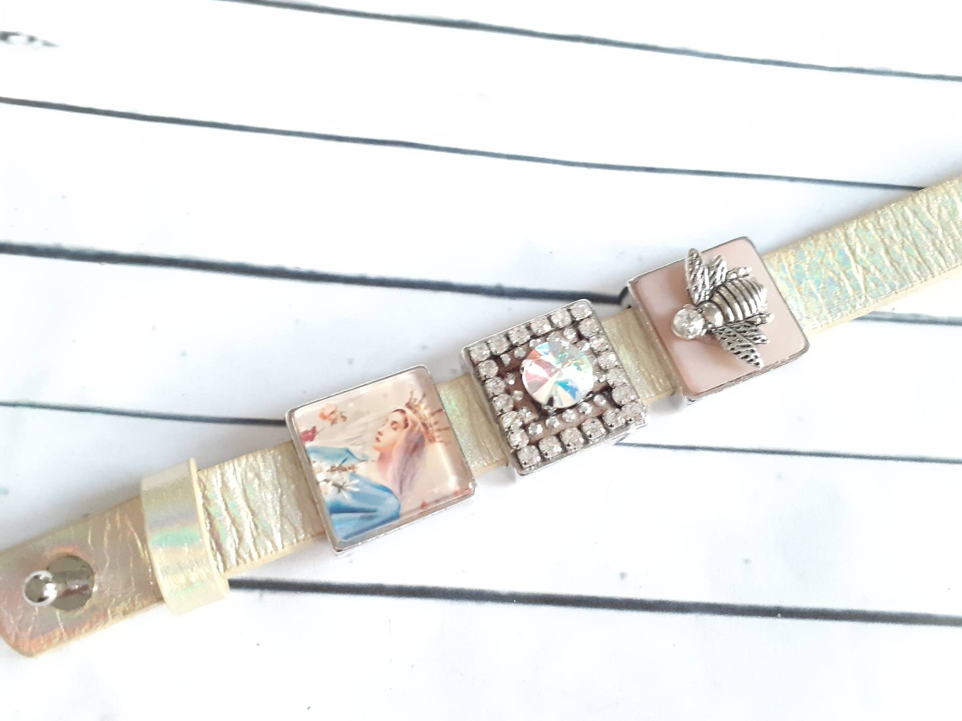 Lederarmband Manschettenarmband Cabochon Schieber Heiligenbild Und Biene von josefine1961