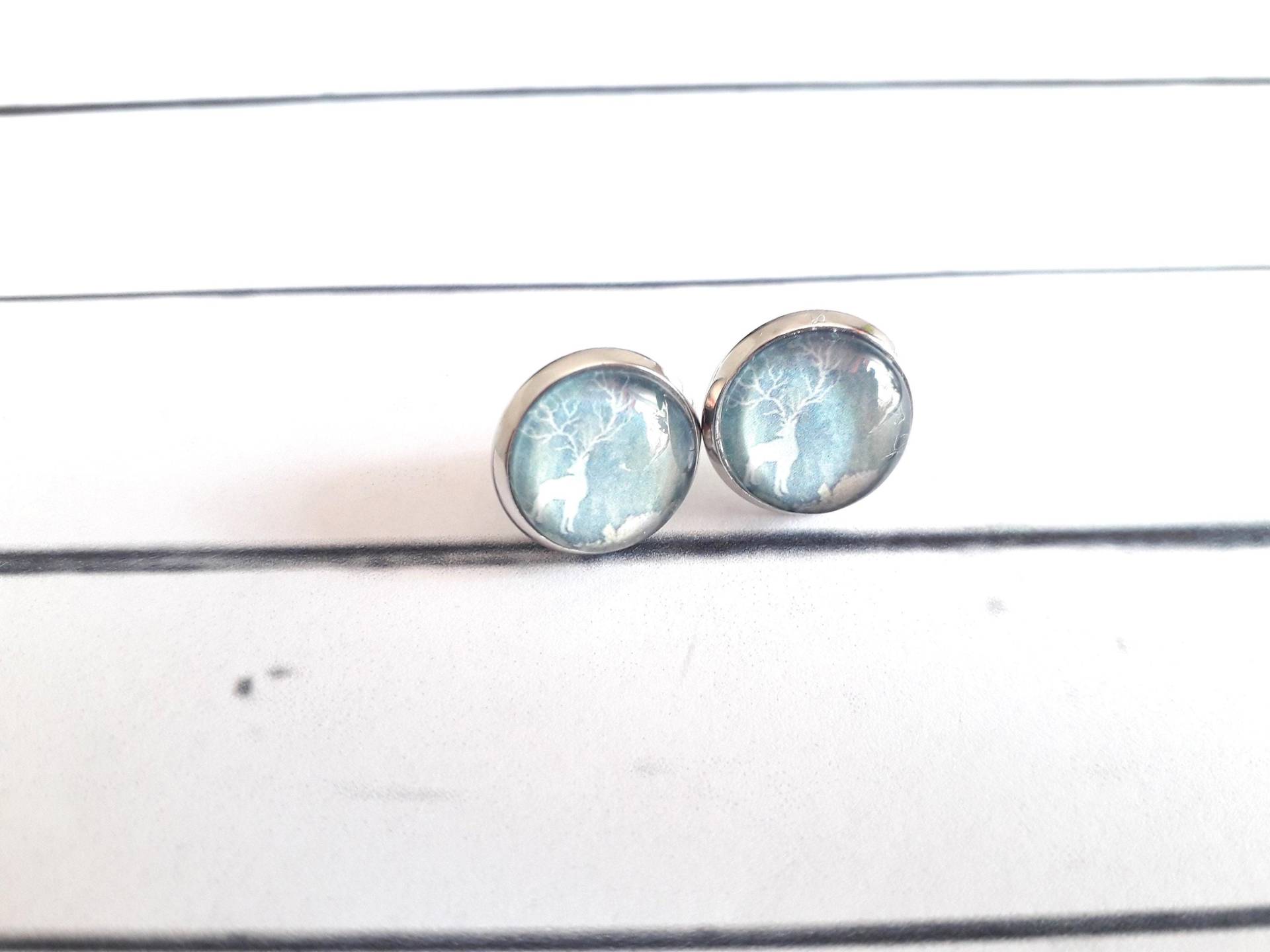 Ohrstecker Versilbert Glas Cabochon "Hirsch" 12mm von josefine1961