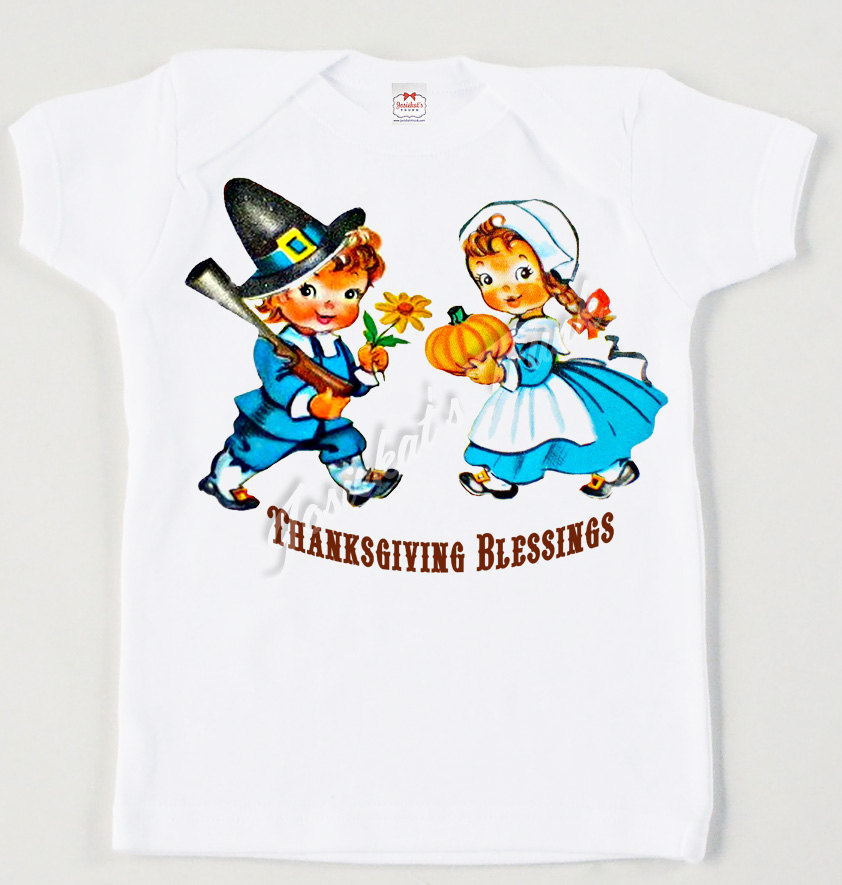 Kinder T-Shirt - Retro Jungen Mädchen Thanksgiving Pilger Shirt Türkei Baby Custom Vintage Tshirt von josiekatstrunk