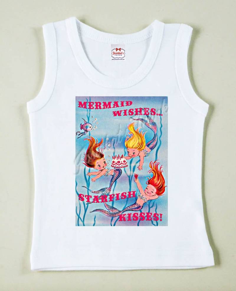 Meerjungfrau Party T-Shirt Tank Vintage Benutzerdefinierte Größe "Meerjungfrau Wünsche Seestern Küsse" Retro von josiekatstrunk