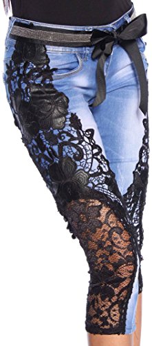 Jeans Capri Hose Design from Paris Toba&co mit eingenähter Spitze und passendem Gürtel 34-42 (42, Schwarz Blau) von jowiha