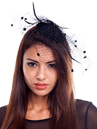 jowiha® Hut mit Schleier für Damen Minihut Fascinator mit Satinrose und Federn (Schwarz) von jowiha