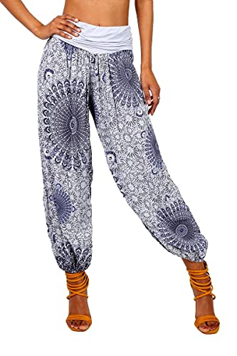 jowiha Damen Sommer Hose Haremshose lang Bedruckt Boho Stil S/M (S/M, Hellgrau) von jowiha