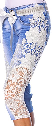 jowiha Jeans Capri Hose Design from Paris Toba&co mit eingenähter Spitze und passendem Gürtel 34-42 (40, Weiß Blau) von jowiha