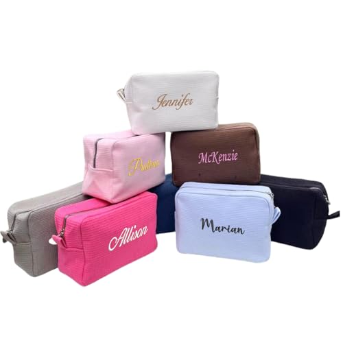 joyinaff Personalisierbare, bestickte Waffel-Make-up-Tasche – personalisierter Kosmetik-Organizer mit individuellem Namen, perfektes Hochzeitsgeschenk und Brautparty-Gastgeschenk von joyinaff