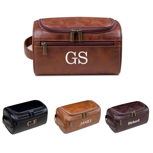 joyinaff Personalisierbarer Kulturbeutel aus besticktem Leder für Herren – großer personalisierter Reisepflege-Organizer, Reise-Set mit individuellem Monogramm, Braun, Moderner, minimalistischer Stil von joyinaff