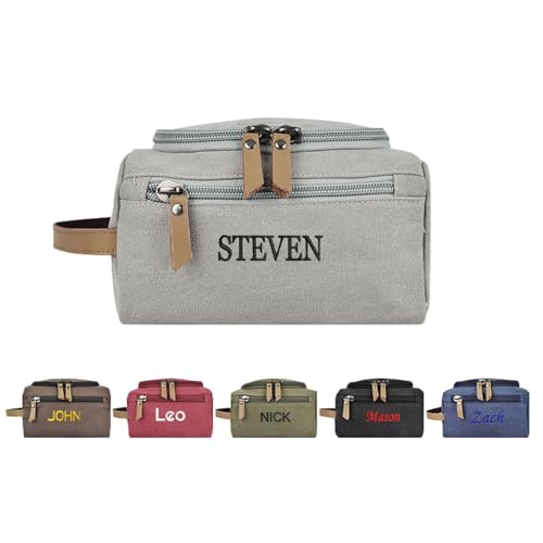 joyinaff Personalisierter, bestickter großer Canvas-Kulturbeutel für Herren – Reise-Organizer zum Aufhängen mit mehreren Taschen, Braun, Marineblau, Burgunderrot, Hellgrau, Dunkelblau, Moderner von joyinaff