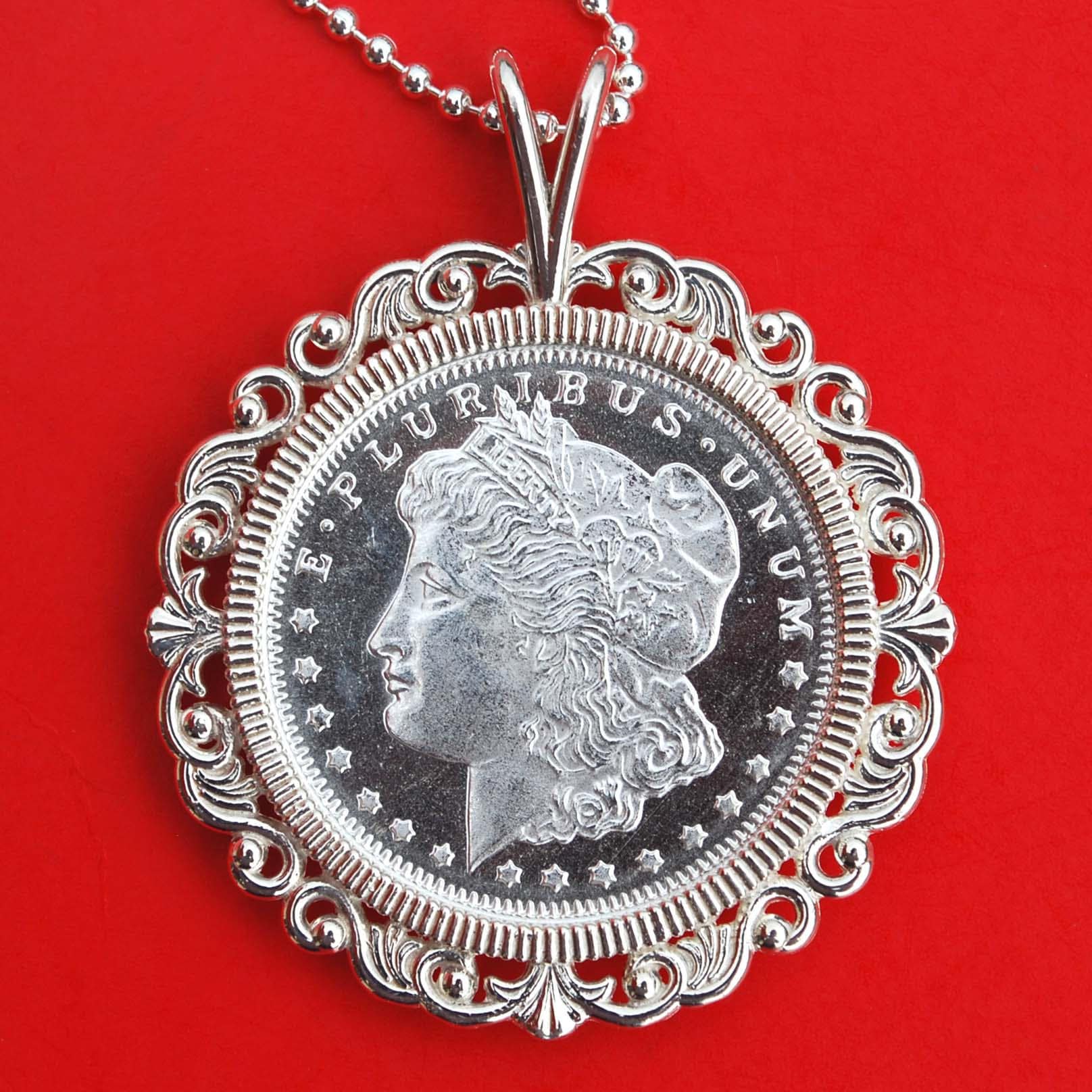 1/2 Un Zen Silber Runde - Morgan Dollar Design Verschmutzt 925 Sterling Halskette W. 24" Kette Neu 1/2 Un Zen Silber Runde - Morgan Dollar Design Verschmutzt 925 Sterling Halskette W. 24" Kette Neu von jt6740