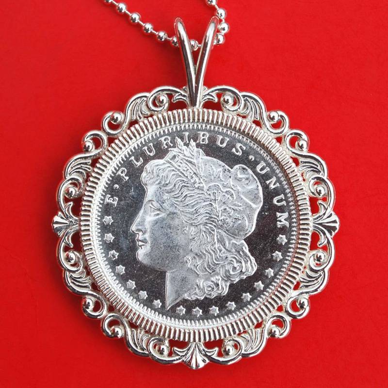 1/2 Un Zen Silber Runde - Morgan Dollar Design Verschmutzt 925 Sterling Halskette W. 24" Kette Neu 1/2 Un Zen Silber Runde - Morgan Dollar Design Verschmutzt 925 Sterling Halskette W. 24" Kette Neu von jt6740
