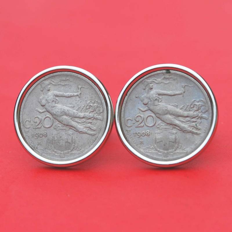 1908 - 1921 Italien 20 Centesimi Münze Sieg Im Flug Silber Vergoldet Manschettenknöpfe Neu von jt6740