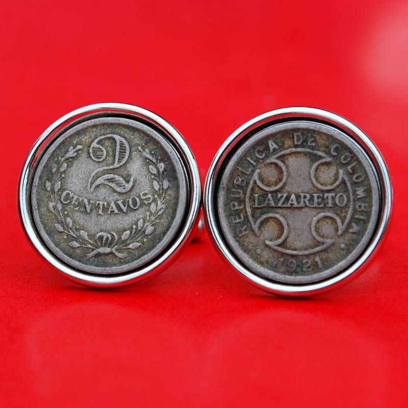 1921 Kolumbien 2 Centavos Leprosarium Münze Silber Manschettenknöpfe Neu von jt6740
