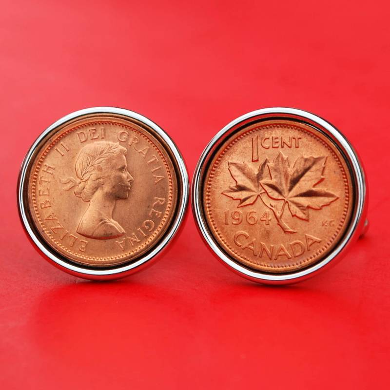 1964 Kanada Ein Cent Bu Unzirkulierte Münze Manschettenknöpfe Neu - Ahornblatt Und Elizabeth von jt6740