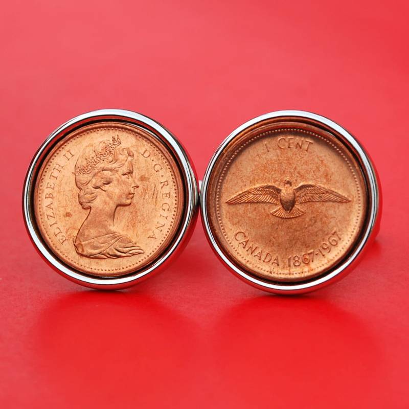 1967 Kanada Ein Cent Bu Unzirkulierte Münze Manschettenknöpfe Neu - Taube Mit Flügeln Verbreitung Und Elizabeth von jt6740