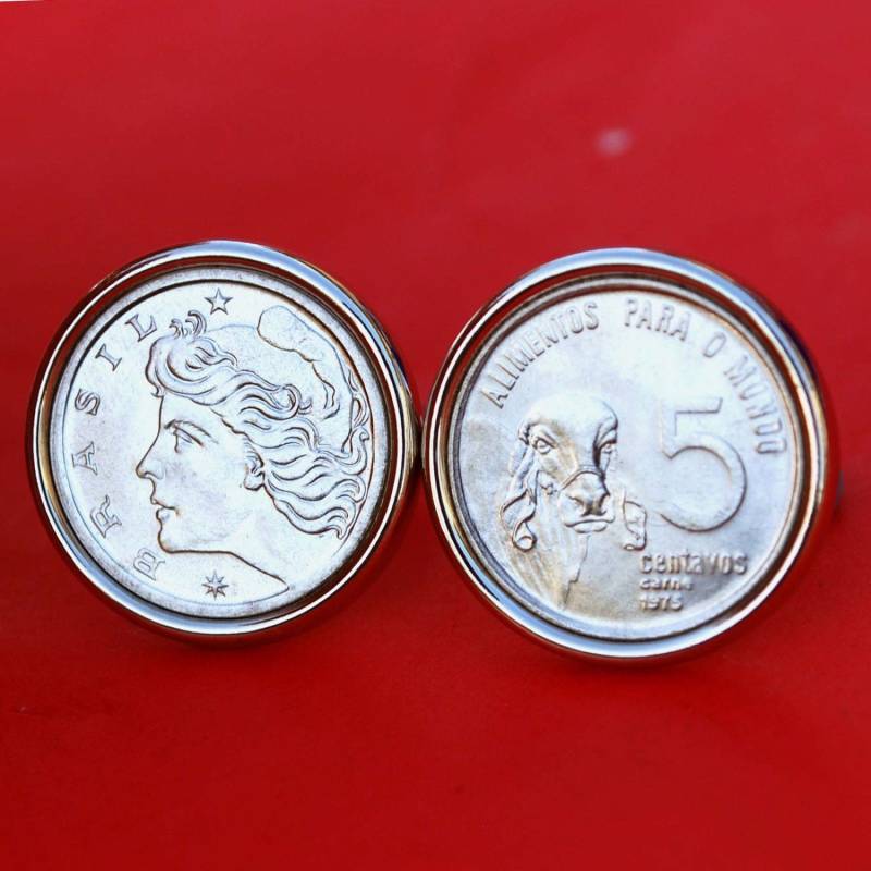 1975 Brasilien 5 Centavos Liberty Head & Zebu F.a.o. Bu Unc Münzen Manschettenknöpfe Neu von jt6740