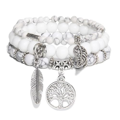 Good Armband, Armband, Schmuck, Damen Und Herren Lederschmuck Lotus Charm Armband Set Mehrschichtig Weiß Achate Blau Türkisen Verkrustete Edelstein Perle Stretch Armreif 16.Howlith von jtkhaweh